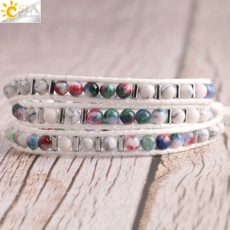 CSJA Boho Белый Бирюзовый вощеный браслет для женщин Femme богемные Агаты натуральный камень бисерный браслет 3 слоя S420 - Окраска металла: K
