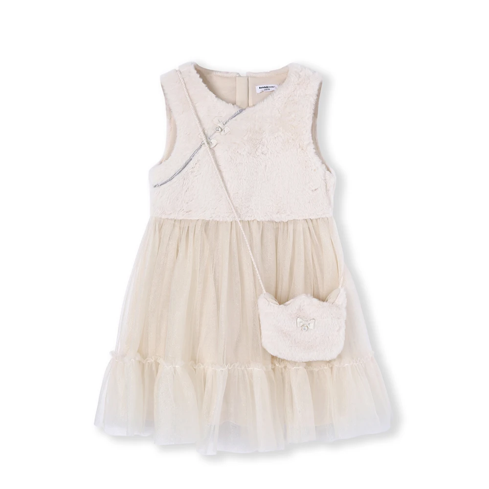 Balabala Girls Rabbit Fur Sleeveless Tulle Dress Cross-Body Bag Children Kid Max-Fabric Wedding Party Dresses Lined | Детская одежда и