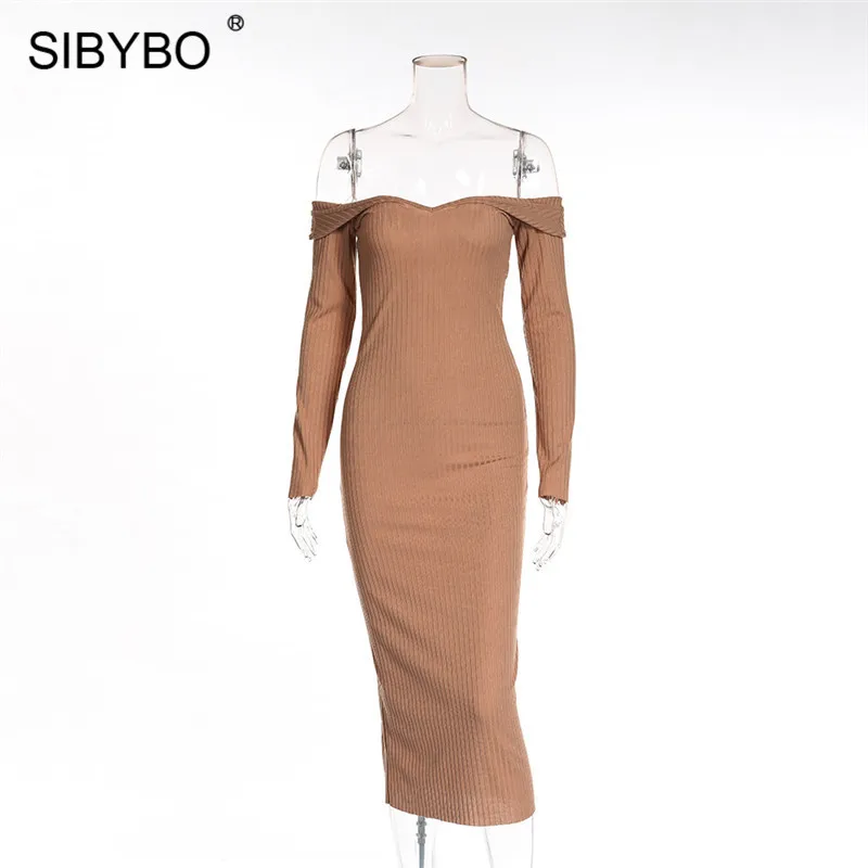 Женское длинное платье из хлопка Sibybo, вечернее платье с V-образным вырезом и открытыми плечами, с длинными рукавами, удобное прямое обтягивающее платье, для ношения осенью и зимой