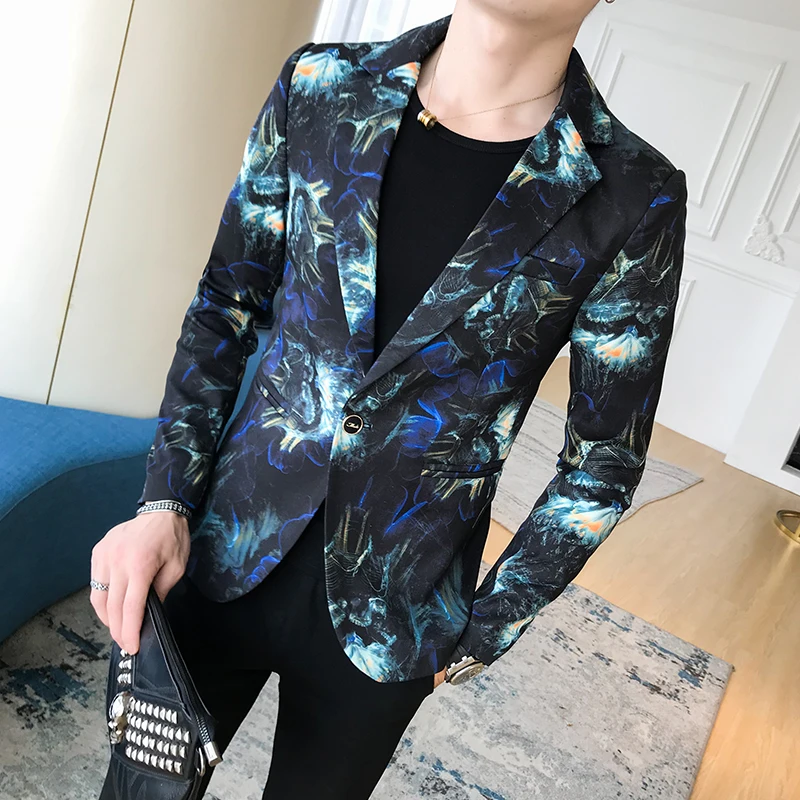 HCXY 2018 Floral Stylish Blazers For Men Slim Fit Mens Blazer Pattern Printed Blaser Homens Night club M-3XL | Мужская одежда