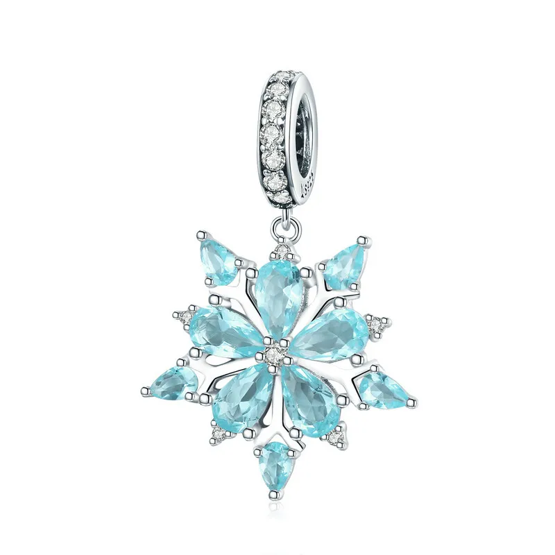 BISAER 925 Sterling Silver Blue CZ Winter Snowflake Crystal Beads for Women Jewelry Making Original Silver Charm Bracelet Gifts - Цвет: GXC940