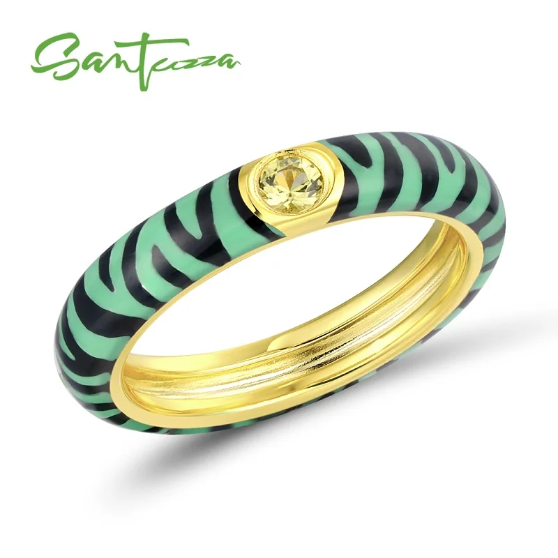Green Color SANTUZZA, серебряные кольца для женщин, красочные, Зебра, полоса вечности, кольца, 925 пробы, серебряные, вечерние, модные ювелирные изделия, эмаль, ручная работа - Цвет основного камня: Green Color