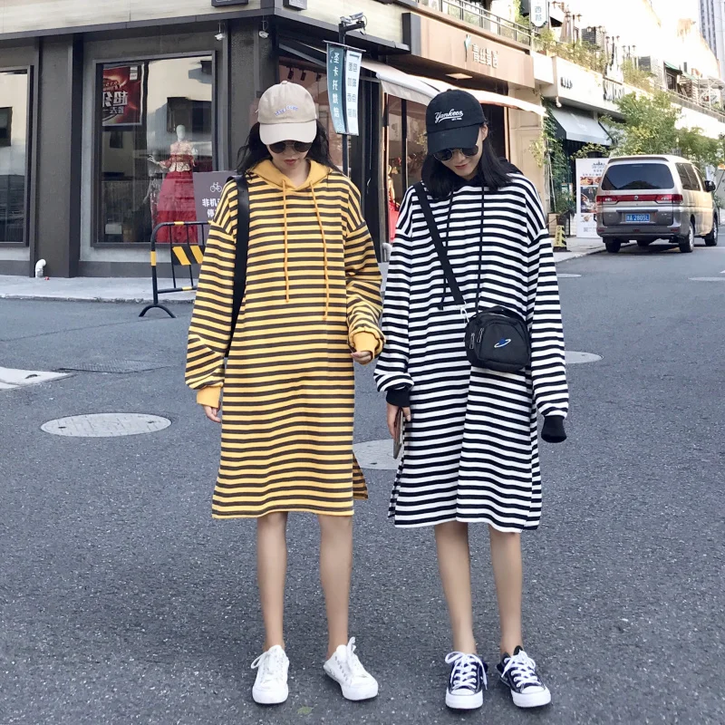 women clothes 2018 new arrival autumn korean fashion student long sleeve stripe hooded casual cotton ladies sweater dresses | Женская