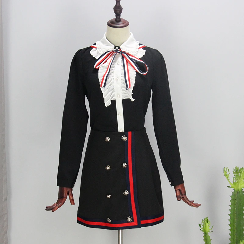British Style OL Women Skirts Suits Spring Autumn Ruffles Elegant Bows Shirts And Skirts Ladies Women Party Clothing Sets CC065