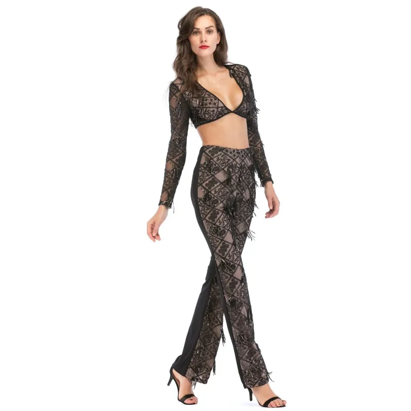 Summer Black Two Piece Suit Womens Set Clothing Sequins Splice V neck Long Sleeve Sexy Top With long pants set A21816 |