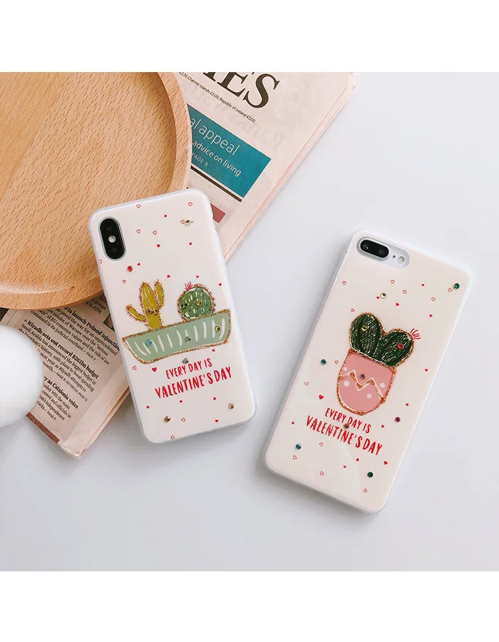 3D Kawaii растение кактус прозрачные со стразами чехол для iPhone X Xs 10 8 7 6 6s Plus iphone plus в