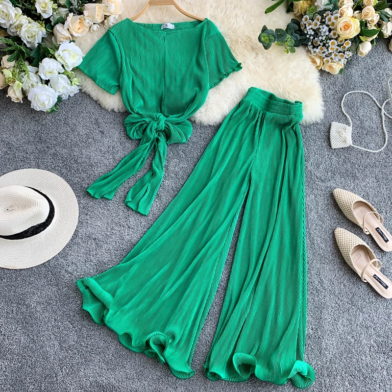 Женский комплект из 2 предметов ALPHALMODA блузка с бантом + расклешенные брюки