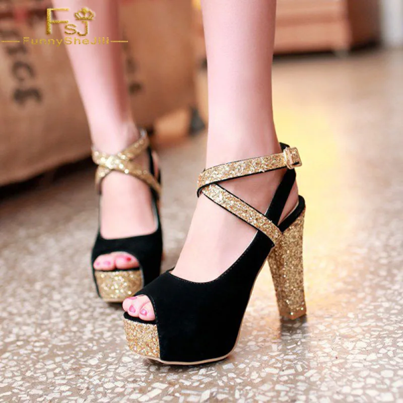 

FSJ Women Shoes Ladies Pumps Leila Black Sequined Cross Ankle Strap Heels Chunky Heels 2022 Spring Autumn Big Size 44 45 46 US