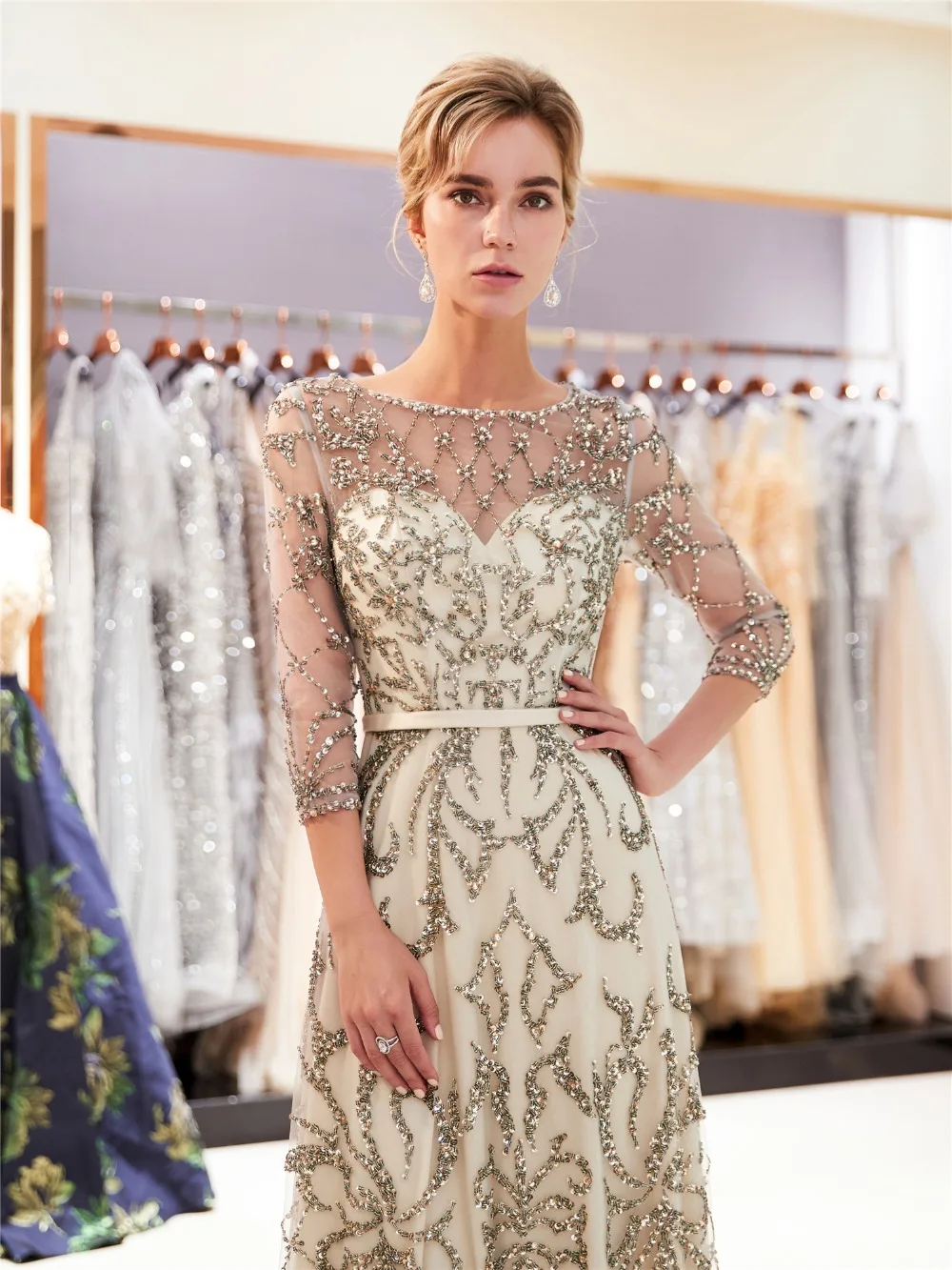 Женское вечернее платье с длинным рукавом Forevergracedress отделкой бисером большие