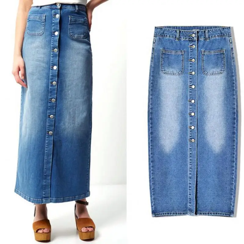 Для женщин прямые Джинсовые юбки Высокая Талия Длинные кнопка тонкий юбка с