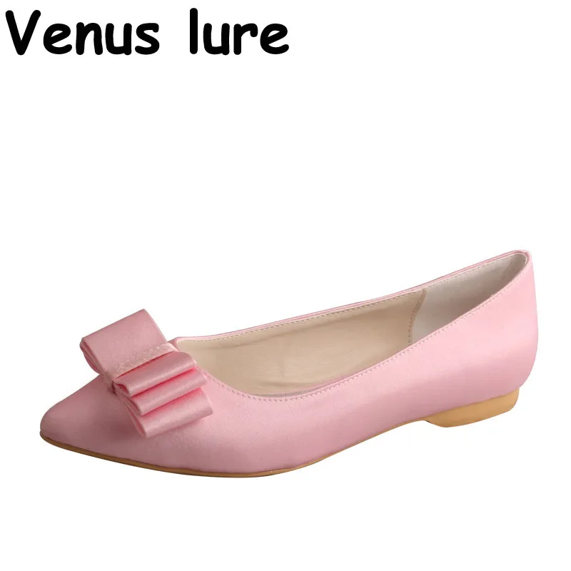 

Satin Pink Pointed Toe Flats Woman Birthday Party Bow Shoes Ballet