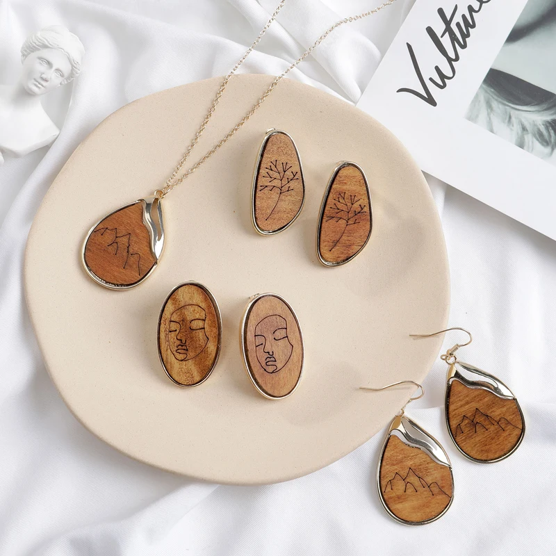 SRCOI новинка Европейский дизайн абстрактное лицо простые деревянные серьги Ретро