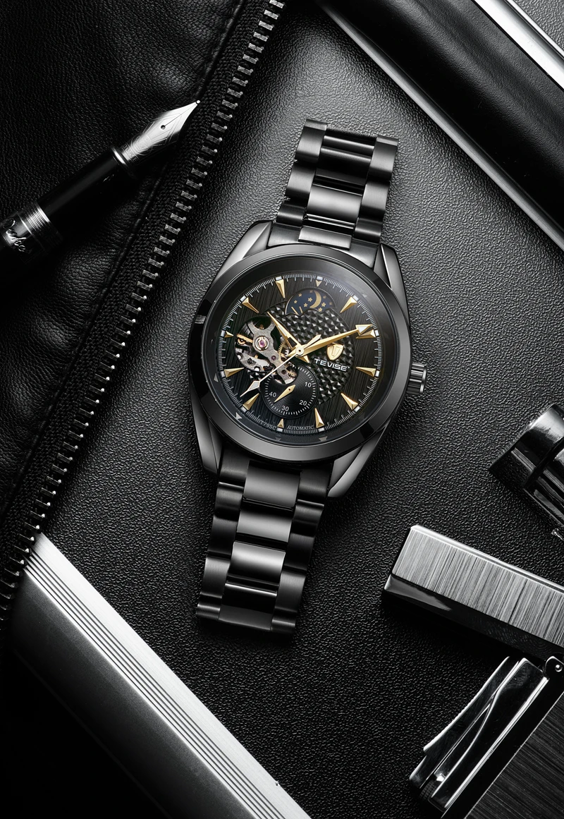 Часы мужские механические automatic Tourbillon деловые мужские часы Moon Phase стальные мужские часы водонепроницаемые наручные часы Tevise T795c