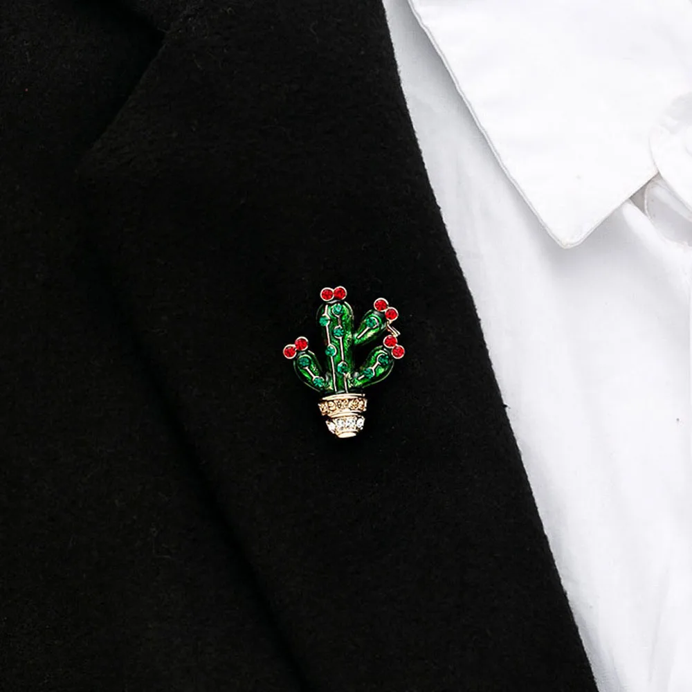 Leaf Cactus Style Brooch Women Elegant Pin Crystal Rhinestone Jewelry Green Plant Classic Accessories Simple Gift | Украшения и