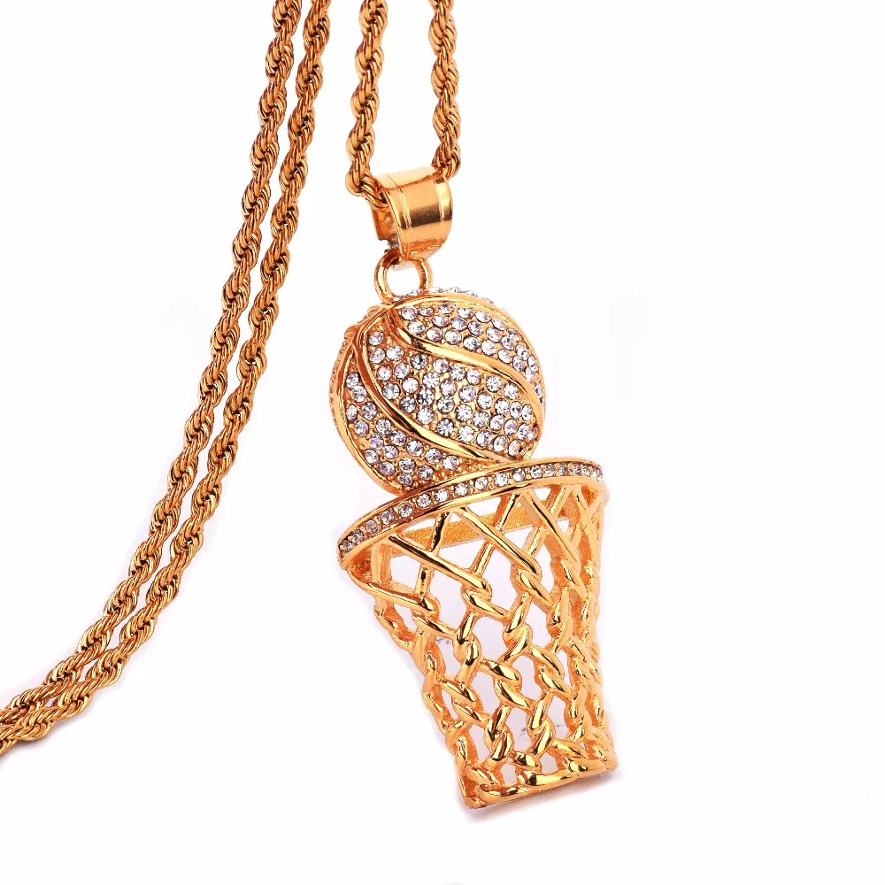 Золотой Bling Iced полный горный хрусталь баскетбольные подвески и ожерелья для мужчин 316L нержавеющая сталь спортивные для хип хоп ювел