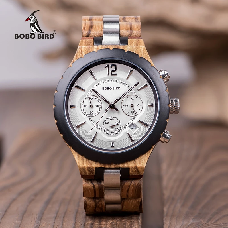 BOBO BIRD Wood часы мужские деловые секундомер хронограф с деревянным ремешком из нержавеющей стали relogio masculino V