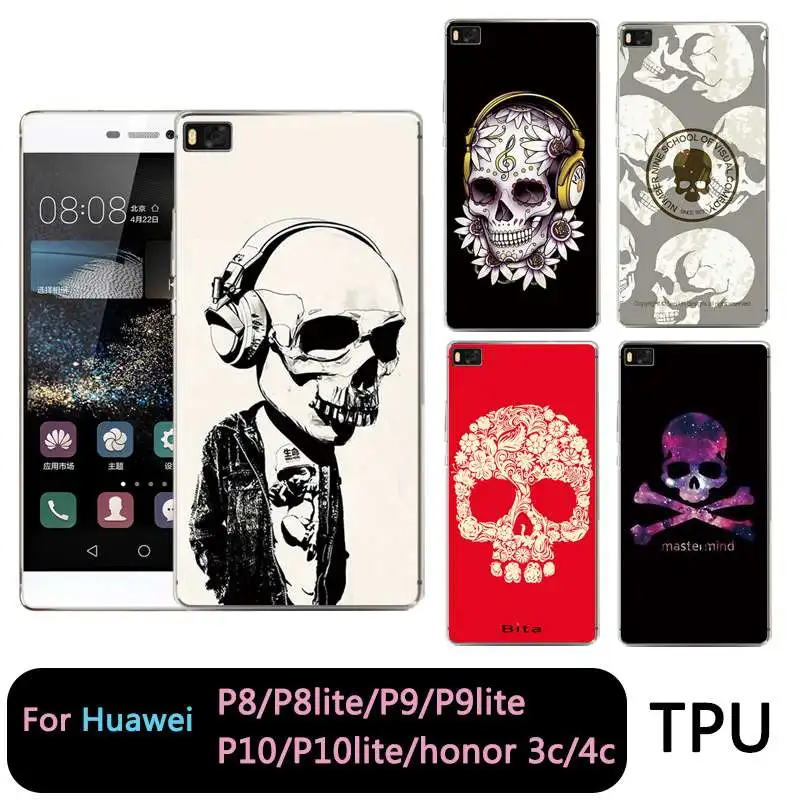 QMSWEI TPU Phone Case For huawei P10plus honor7 8 9 Y3 5A 5C 6A 6S 3c 4c P8 P9lite Soft Skull Clear Silicone Cover Free shipping |