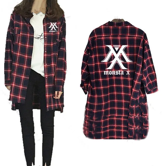 Mainlead Kpop красная клетчатая рубашка EXO GOT7 Monsta X b. A. P Mamamoo Seventeen IKON для женщин и мужчин унисекс - Цвет: MONSTA X