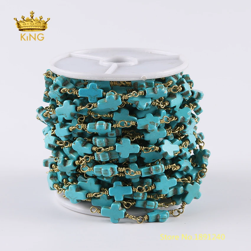 

5meters 8x10mm Sky Blue Turquoises Howlite Cross Shaped Loose Beads Chains Rosary Style Findings Jewelry Chains Necklace ZJ204