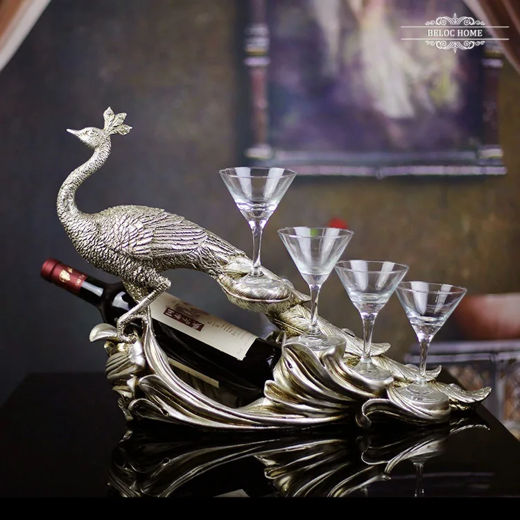 

1 PCS European home soft ornaments with drill peacock red wine rack creative resin handicraft (Without bottles and cups)LU719551