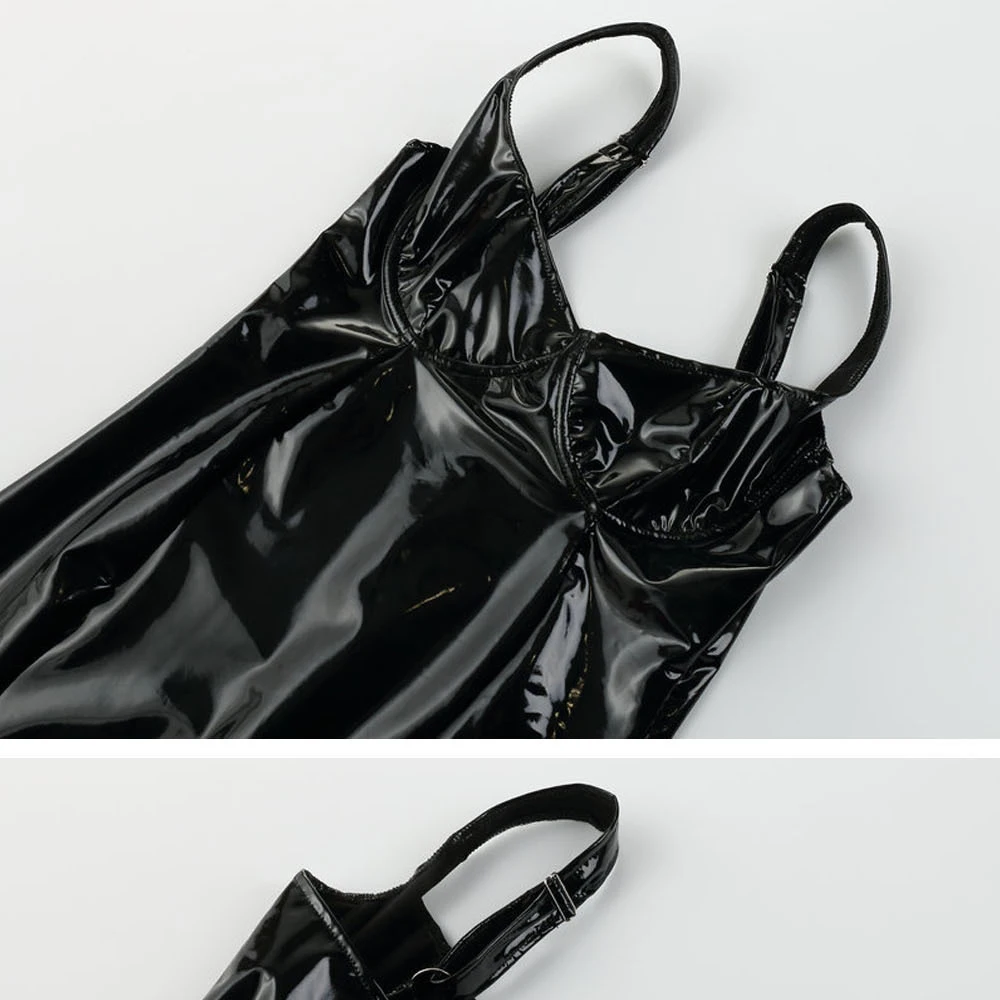 Sexy Slip Dress Summer Women Low Cut Breast Spaghetti Strap Mini Man Made Faux PU Leather Shiny Club Party Bodycon Dresses | Женская