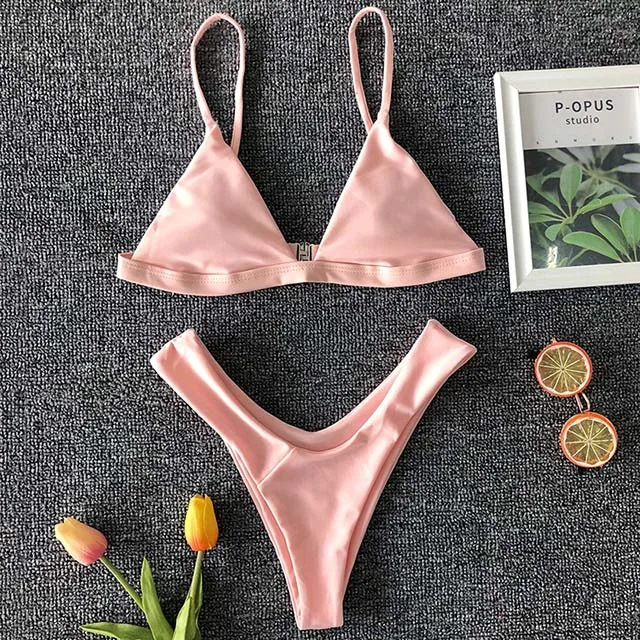 B144Pink Сексуальный неоновый зеленый ребристый бикини, женский купальник, женский купальник, комплект бикини из двух предметов с v-образной нижней частью, купальный костюм - Цвет: B144Pink