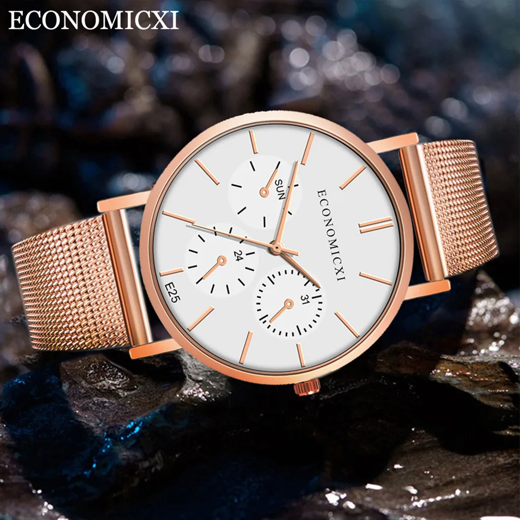 Мужские модные часы reloj hombre, простые часы из нержавеющей стали с тремя глазами, маленький циферблат, мужские кварцевые часы