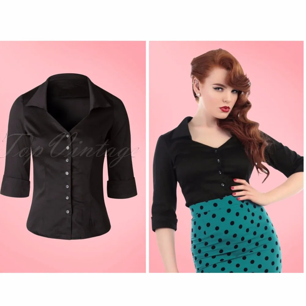 40 Женская винтажная классическая блузка 50s Mona in black pinup складывающаяся рубашка с