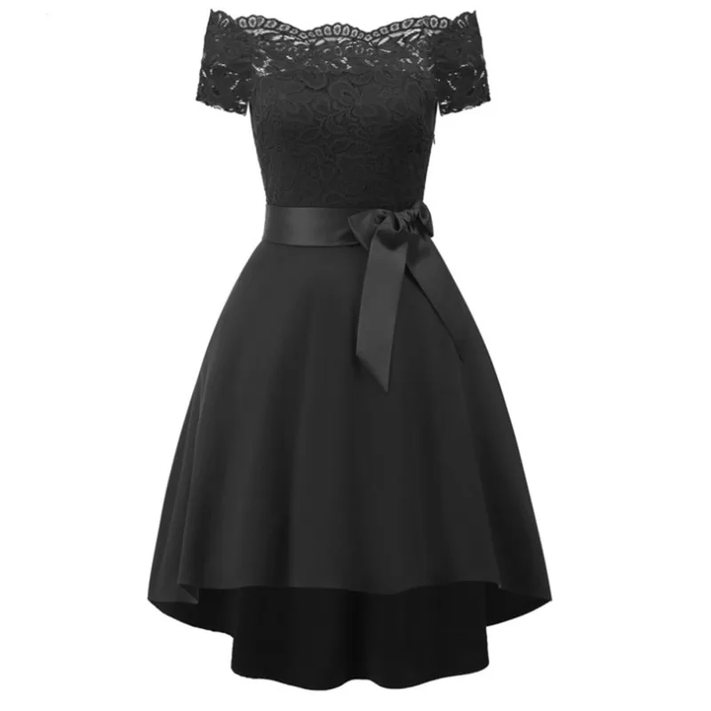

2019 Summer Dress Elegant Lace dress Women Patchwork Slash Neck Short Sleeve Sashes Tunic Dress Lady Sexy Evening Party Dresses