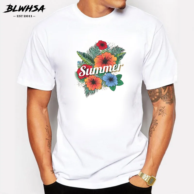 

Летняя мужская футболка с цветочным принтом BLWHSA, футболка с круглым вырезом и коротким рукавом, повседневная мужская футболка из 100% хлопка ...