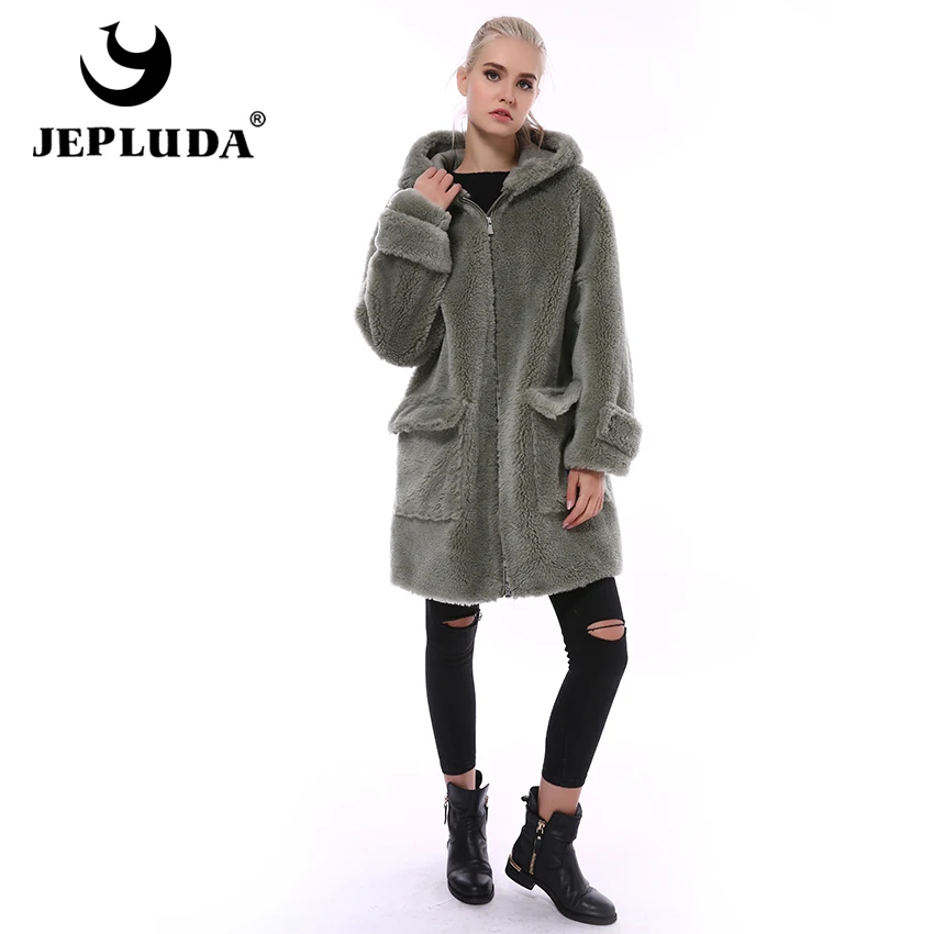 JEPLUDA Высокое Содержание 100% Шерсть Натуральная Зимняя Куртка Женская с Капюшоном