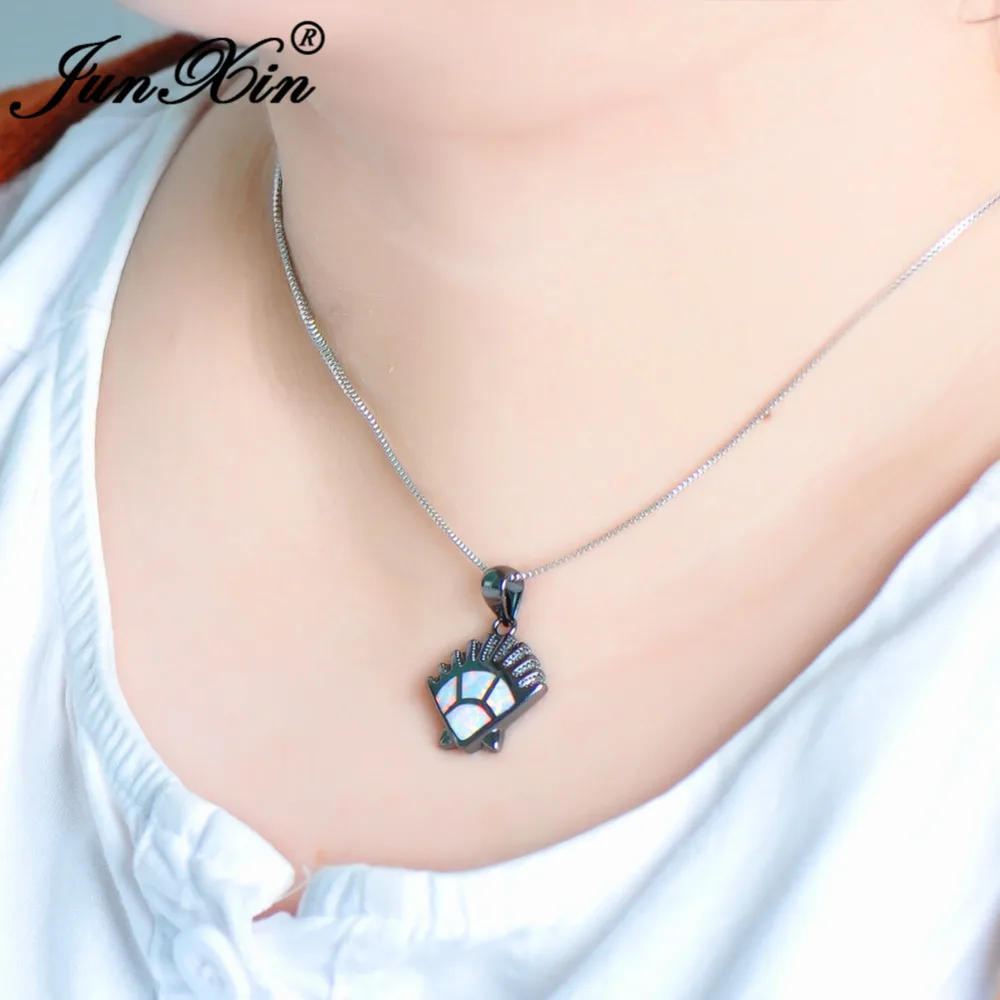 

JUNXIN New Unique Hedgehog Design Ocean Blue/White Fire Opal Necklace Retro Black Gold Filled Animal Pendants For Women NL0152