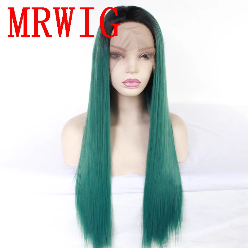 MRWIG черные Омбре зеленые короткие темные корни длинные прямые синтетические