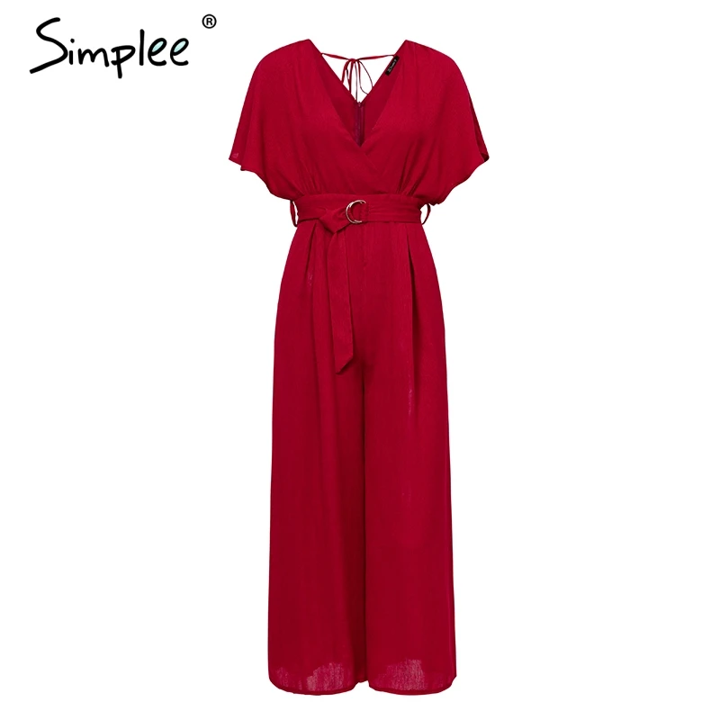 Simplee Red ruffle sleeve jumpsuit women sexy deep v neck spring 2019 Elegant sash wide leg elegant streetwear | Женская одежда