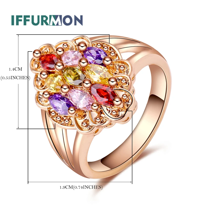 IFFURMON Wedding Rings For Women Rose Gold Color Big Austrian Imitation Crystal Zircon Engagement Dubai Ring Flower | Украшения и