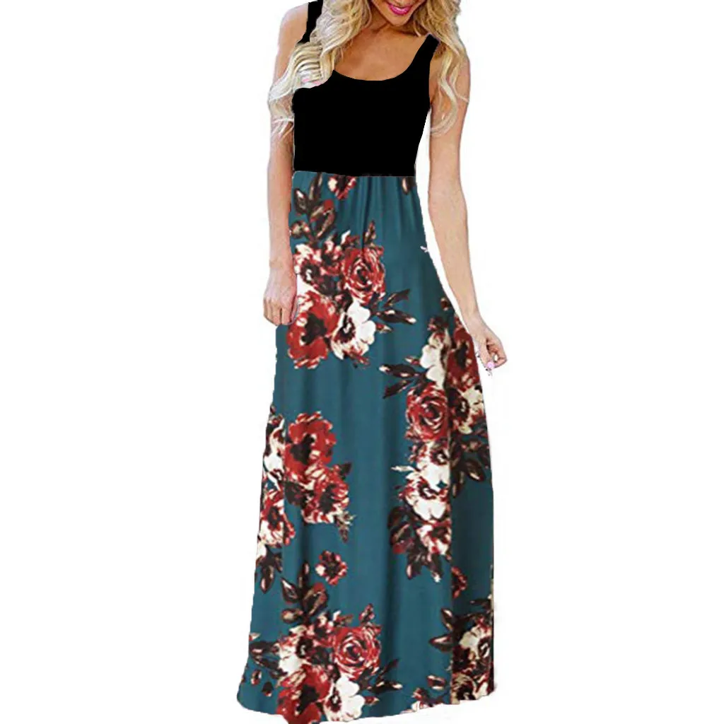 Платья женские повседневные без рукавов с круглым вырезом и принтом Макси платье
