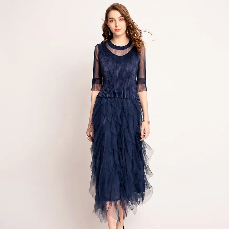 Medium-sleeve Lace Pleated Lady Elegant Fancy Fashion New Spring Summer Dress
