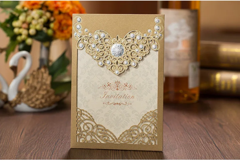 

High Quality Wedding Invitation Card Gold 3D Decoration 185*127mm Including Of Printing Paper, Envelope And Seals 40pcs/lot
