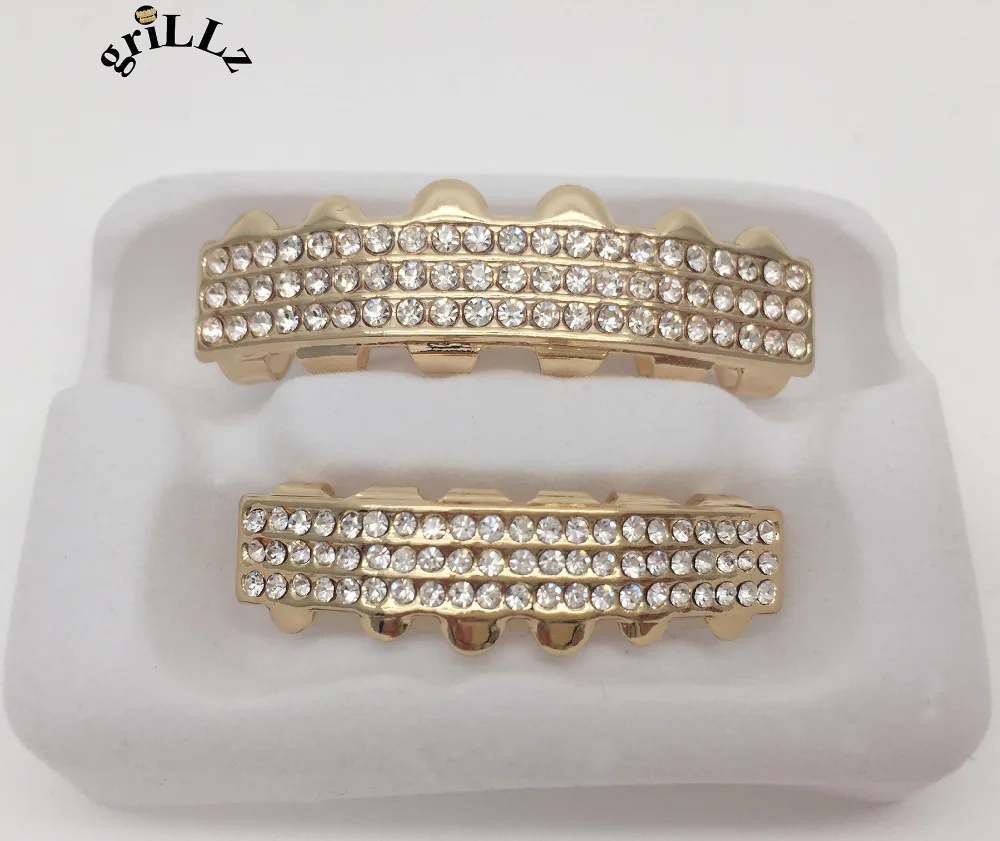 GRILLZ BRANDCUSTOM FIT Хип-хоп ЗУБЫ 3 ряда ICED OUT GRILLZ верхний и нижний гриль