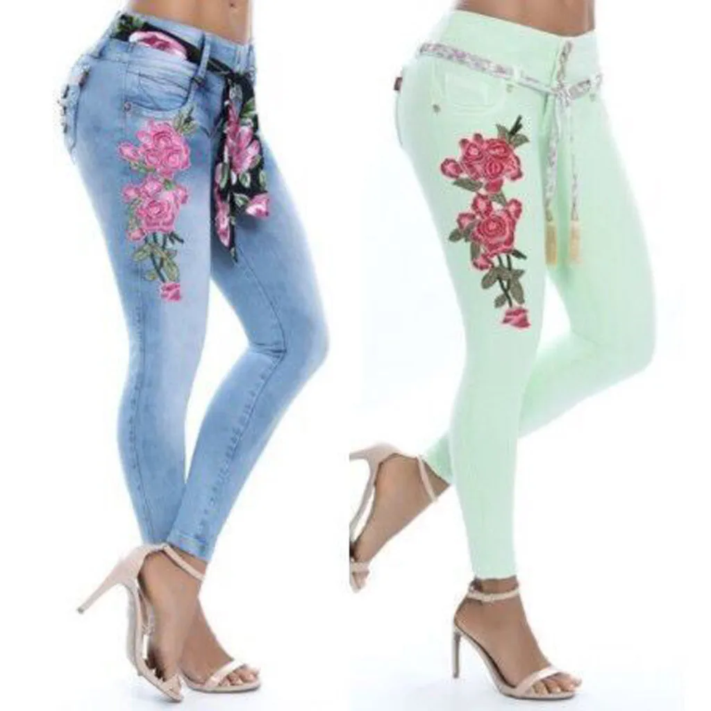 Модные женские облегающие джинсы с вышивкой и принтом обтягивающие брюки