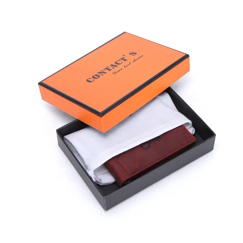 CONTACT'S Двойной тонкий кошелек RFID из натуральной кожи для хранения денег зажим для денег для мужчин с прорезями для карт - Цвет: Red A box