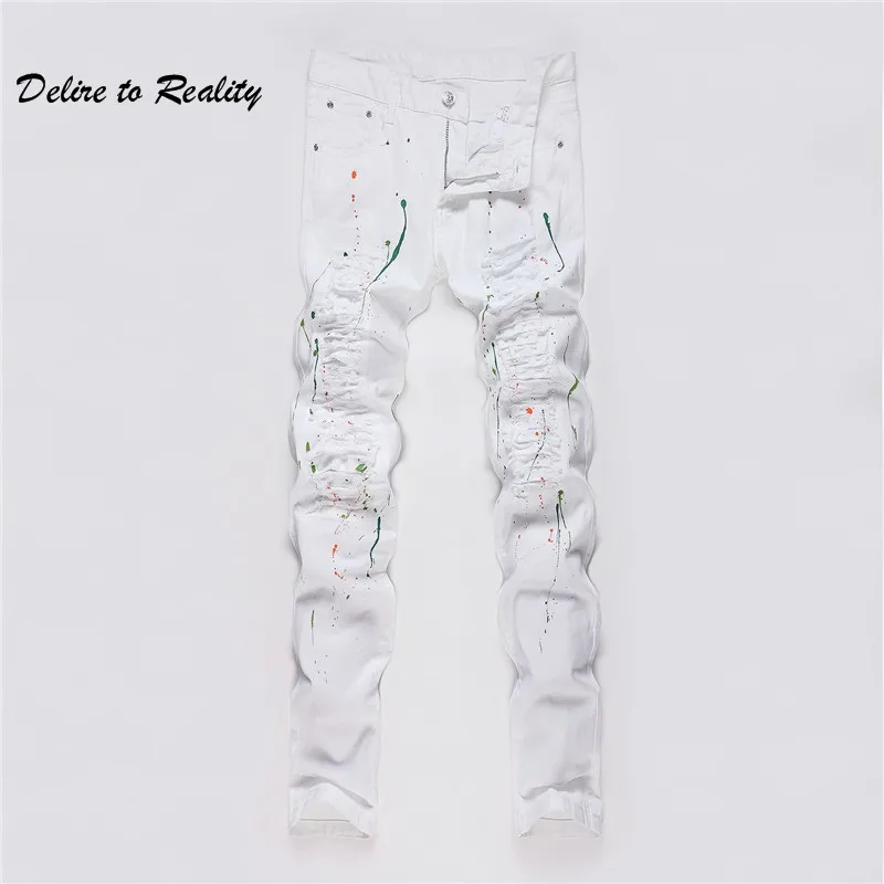 2018 Мужская печатных белые джинсы тонкие узкие джинсовые брюки Середина мода