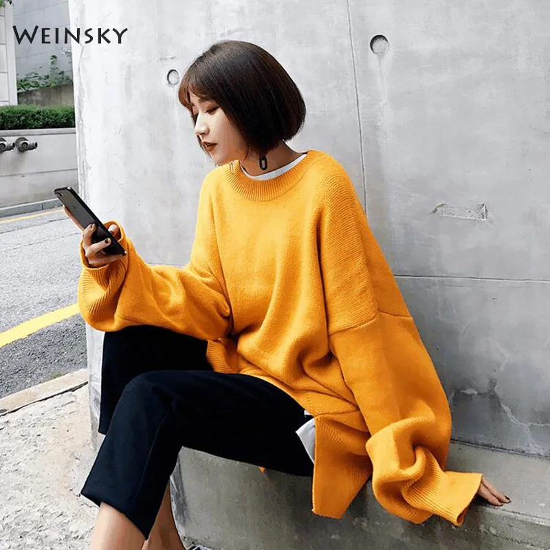 Weinsky Casual Women Knitted Sweaters And Pullovers Ladies Autumn Winter 2018 Korean Oversized Long Yellow White | Женская одежда