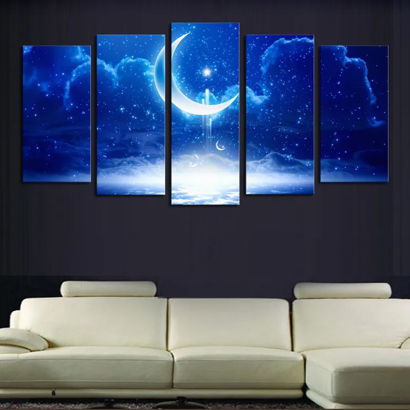 Poster 5 Panels Modern Decorative Picture Wall Pictures for Living Room Moon Starry blue night Sky | Дом и сад