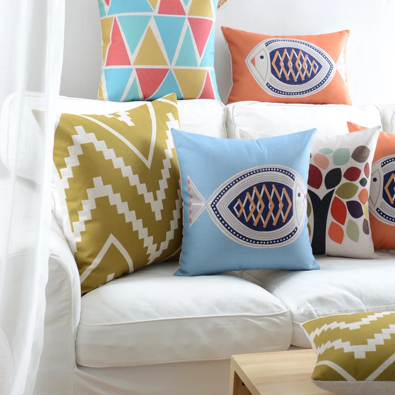 Оптовая продажа льняная наволочка для подушки цветные листья дерева рыба синий