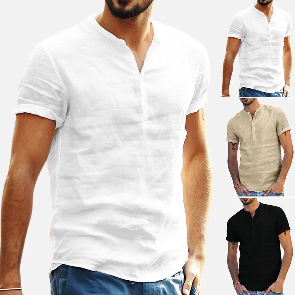 

Men Baggy Cotton Linen Soid Color Short Sleeve Retro T Shirts Tops Blouse