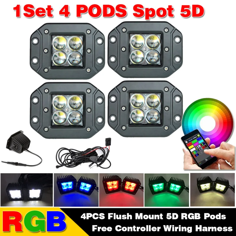 3 14 22 32 42 50 5" дюймовый 5D RGB светодиодный внедорожный светильник прямой изогнутый многоцветный стробоскоп вспышка Bluetooth для Jeep SUV Truck ATV