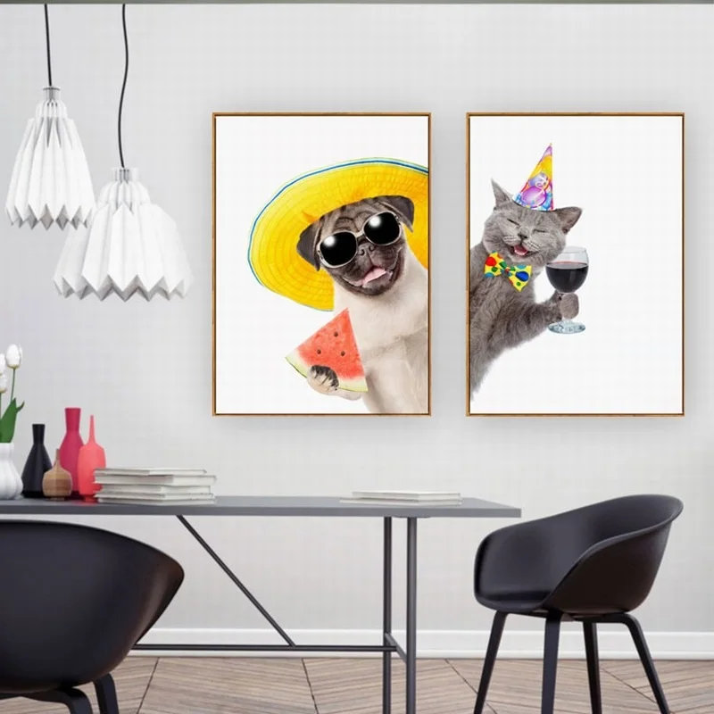 Маленький чистый и свежий постер с кошкой собакой художественная картина на