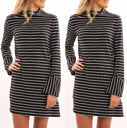 Летние платья Для женщин Мода 2017 г. черно белый полосатый хлопок с длинным