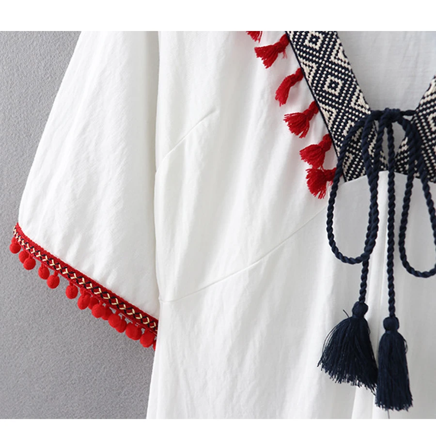 TEELYNN туника платье белый сексуальный v образный вырез с шикарной кисточкой